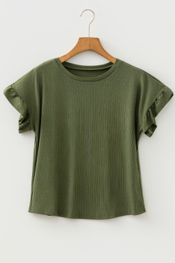 Jungle Green Solid Color Ribbed Ruffled Short Sleeve T Shirt