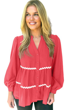 Coral Contrast Ricrac Trim V Neck Button Down Long Sleeve Shirt