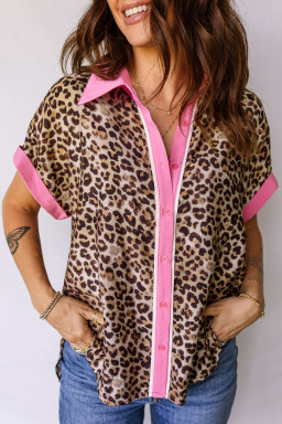 Leopard Print Contrasted Trim Animal Short Sleeve Shirt