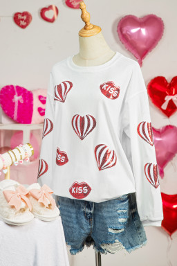 White Corded Ribbed Sequin Patched Valentines Day Graphic Sweatshirt