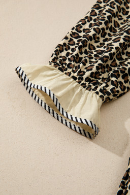 Black Leopard Print Striped Color Block Trim V Neck Bracelet Sleeve Mini Dress