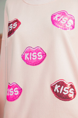 Apricot Pink Mock Neck Sequin KISS Lips Patched Oversize Sweatshirt