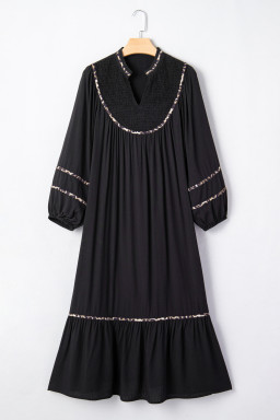 Black Contrast Leopard Trim Split Neck Long Sleeve Casual Midi Dress