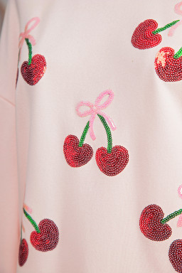 Apricot Pink Sequin Bow Cherry Patched Mock Neck Baggy Sweatshirt