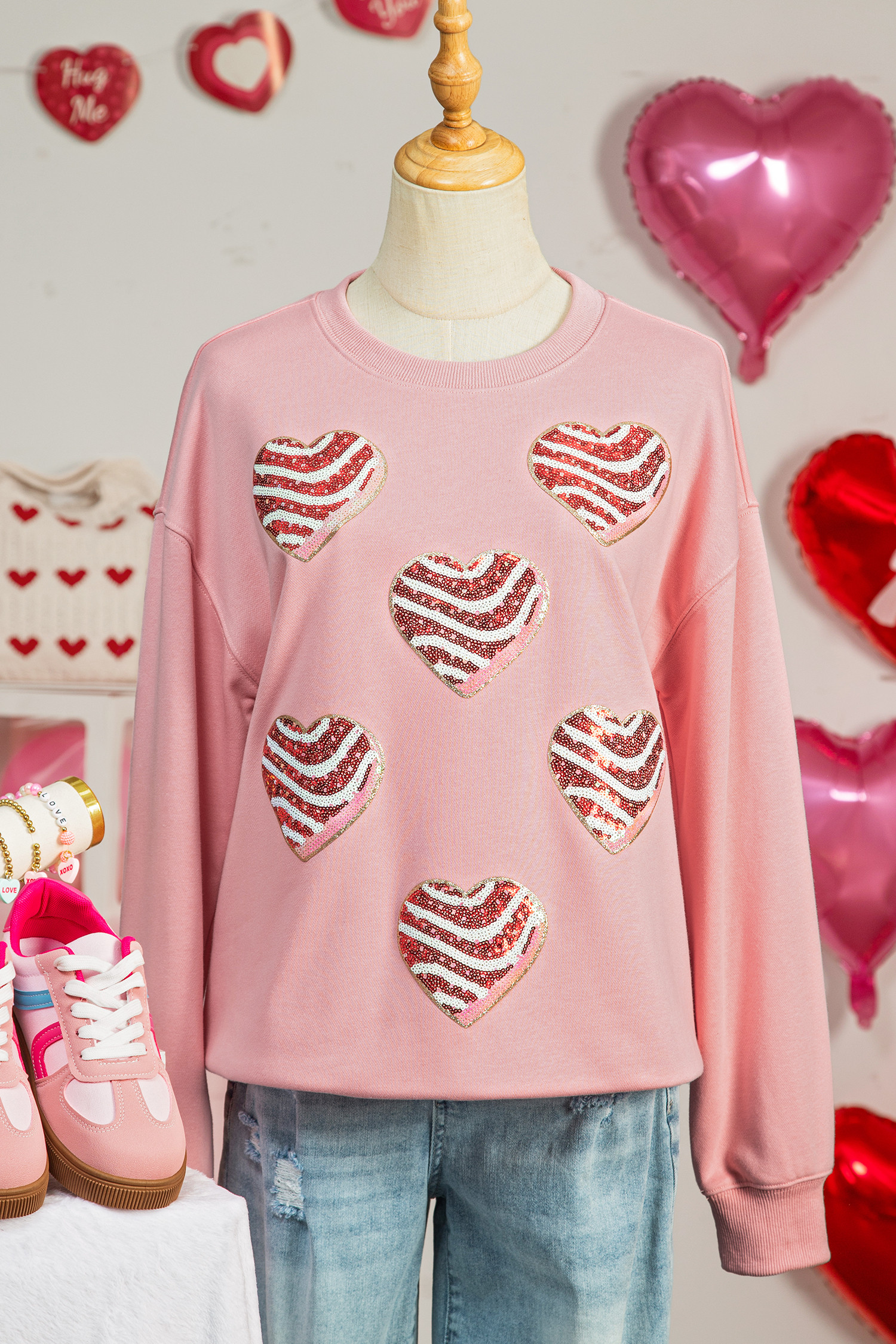 Pink Sequined Valentine Heart Print Round Neck Sweatshirt
