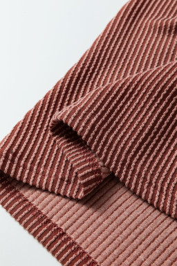 Rose Pink Plus Size Contrast Frilled Neckline Ruffled Short Sleeve Ribbed Textured Blouse