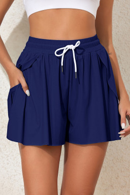 Navy Blue Drawstring Elastic Waist Lined Ruffle Shorts Bikini Bottom