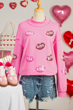Bright Pink Mock Neck Sequin KISS Lips Reversible Double Wear Sweatshirt