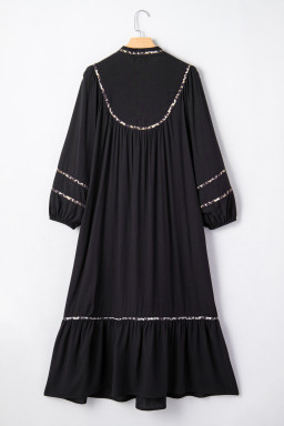 Black Contrast Leopard Trim Split Neck Long Sleeve Casual Midi Dress