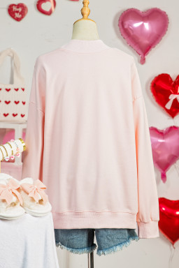 Apricot Pink Sequin Bow Cherry Patched Mock Neck Baggy Sweatshirt