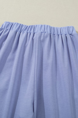 Beau Blue Flounce Long Sleeve Top Drawstring Pants Contrast Velvet Bow Knot 2pcs Lounge Set