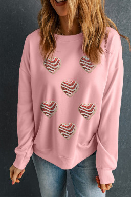 Pink Sequined Valentine Heart Print Round Neck Sweatshirt