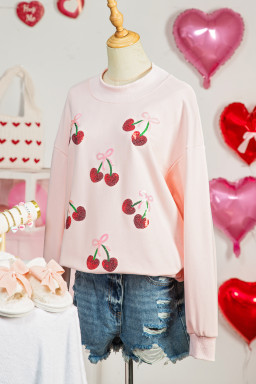 Apricot Pink Sequin Bow Cherry Patched Mock Neck Baggy Sweatshirt