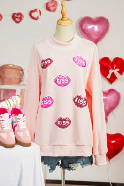 Apricot Pink Mock Neck Sequin KISS Lips Patched Oversize Sweatshirt