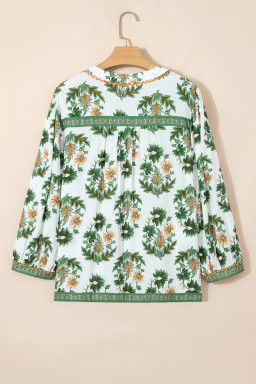 Green Plus Size Floral Printed Contrast Patchwork Detail Tassel Tie 3/4 Sleeve Blouse