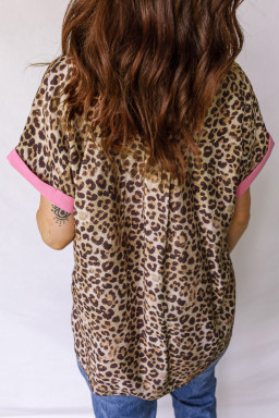 Leopard Print Contrasted Trim Animal Short Sleeve Shirt