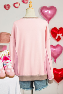 Light Pink Sequin Valentines Heart Gift Box Waffle Color Block Patchwork Sweatshirt