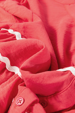 Coral Contrast Ricrac Trim V Neck Button Down Long Sleeve Shirt