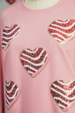 Pink Sequined Valentine Heart Print Round Neck Sweatshirt