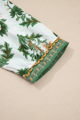 Green Plus Size Floral Printed Contrast Patchwork Detail Tassel Tie 3/4 Sleeve Blouse