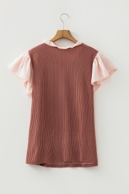 Rose Pink Plus Size Contrast Frilled Neckline Ruffled Short Sleeve Ribbed Textured Blouse