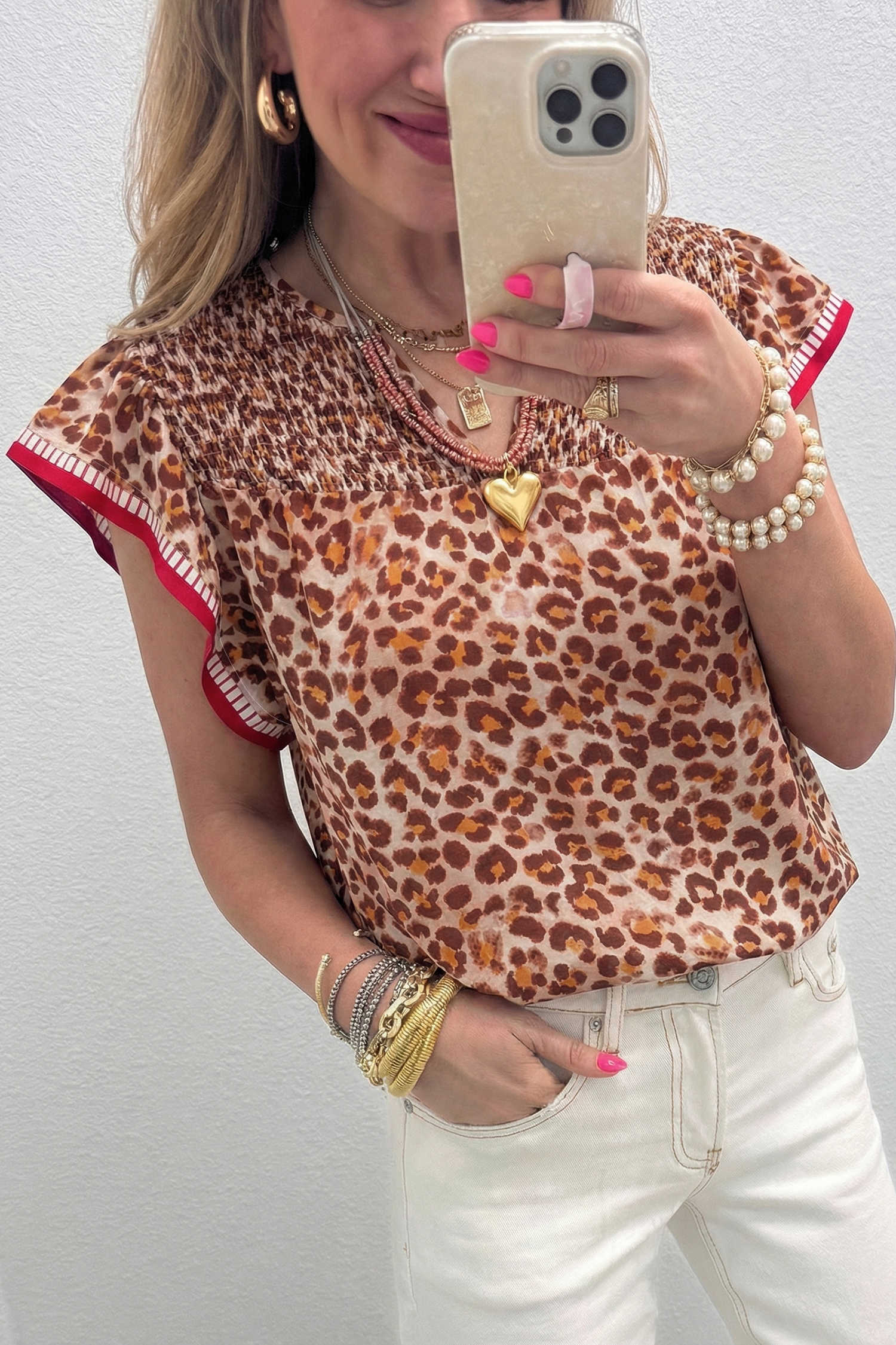 Apricot Contrast Trim Ruffled Short Sleeve Leopard Blouse