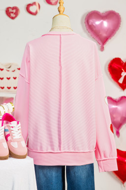 Pink Ribbed Texture Chenille Heart Glitter Trim Patched Long Sleeve Top
