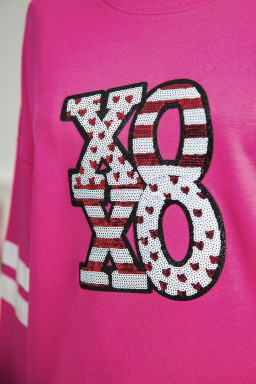 Rose Red Oversized Varsity Drop Shoulder Sequined XOXO Valentine Sweatshirt