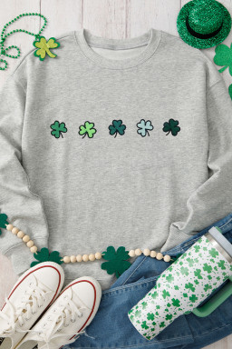 Gray Tiny Clover Embroidered Drop Shoulder Casual Sweatshirt