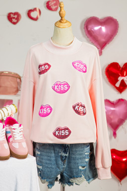 Apricot Pink Mock Neck Sequin KISS Lips Patched Oversize Sweatshirt