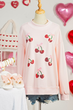 Apricot Pink Sequin Bow Cherry Patched Mock Neck Baggy Sweatshirt