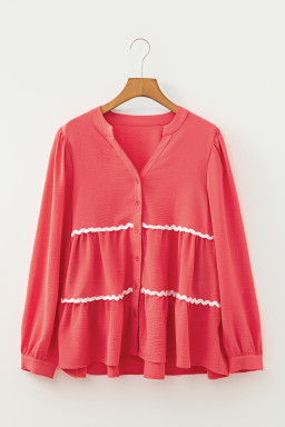 Coral Contrast Ricrac Trim V Neck Button Down Long Sleeve Shirt