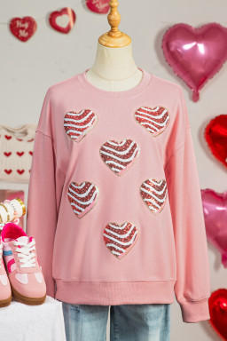 Pink Sequined Valentine Heart Print Round Neck Sweatshirt