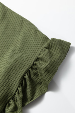 Jungle Green Solid Color Ribbed Ruffled Short Sleeve T Shirt