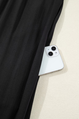 Black Contrast Leopard Trim Split Neck Long Sleeve Casual Midi Dress