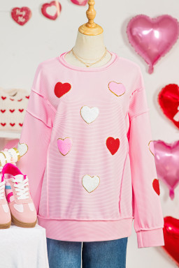 Pink Ribbed Texture Chenille Heart Glitter Trim Patched Long Sleeve Top
