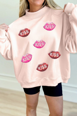 Apricot Pink Mock Neck Sequin KISS Lips Patched Oversize Sweatshirt
