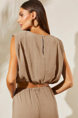 Pale Khaki Solid Color Keyhole Puffy Tank Drawstring Loose Pants 2pcs Outfit