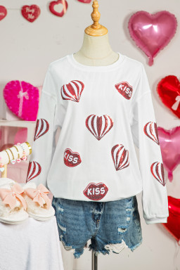 White Corded Ribbed Sequin Patched Valentines Day Graphic Sweatshirt