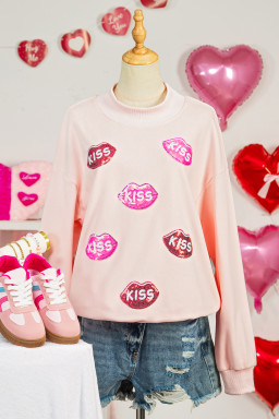 Apricot Pink Mock Neck Sequin KISS Lips Patched Oversize Sweatshirt