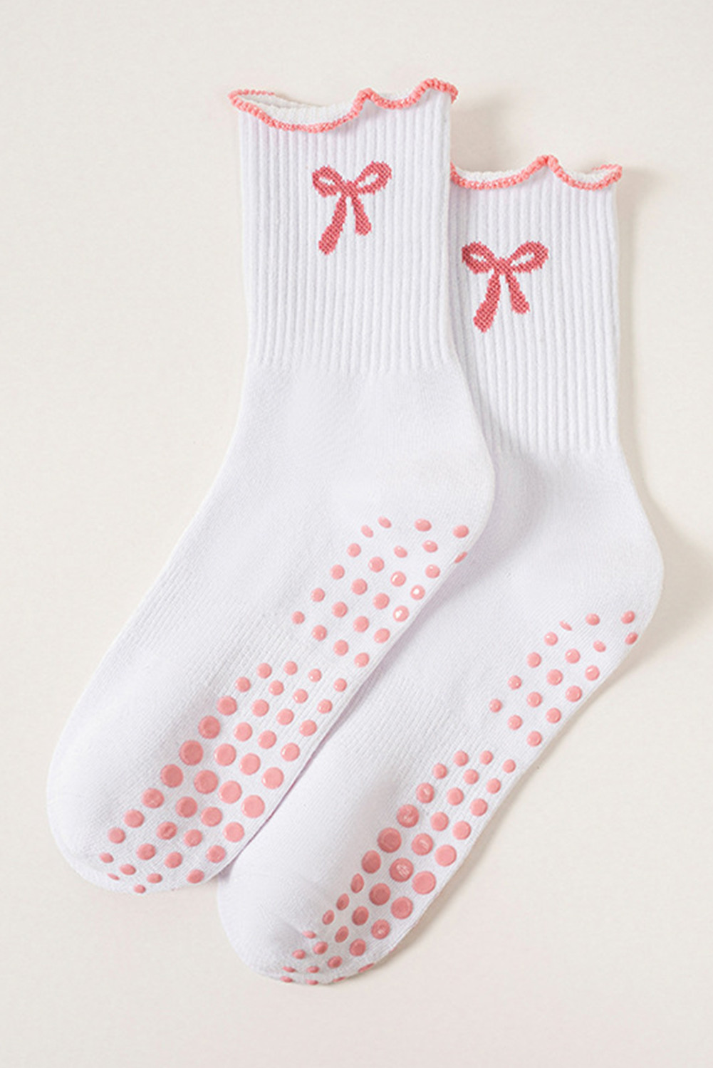 White Bow Print Non-Slip Ruffle Grip Socks