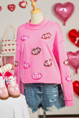 Bright Pink Mock Neck Sequin KISS Lips Reversible Double Wear Sweatshirt