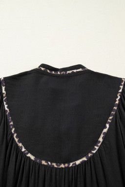 Black Contrast Leopard Trim Split Neck Long Sleeve Casual Midi Dress