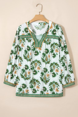 Green Plus Size Floral Printed Contrast Patchwork Detail Tassel Tie 3/4 Sleeve Blouse