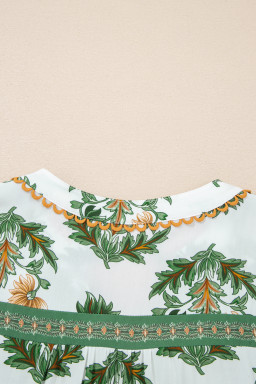 Green Plus Size Floral Printed Contrast Patchwork Detail Tassel Tie 3/4 Sleeve Blouse