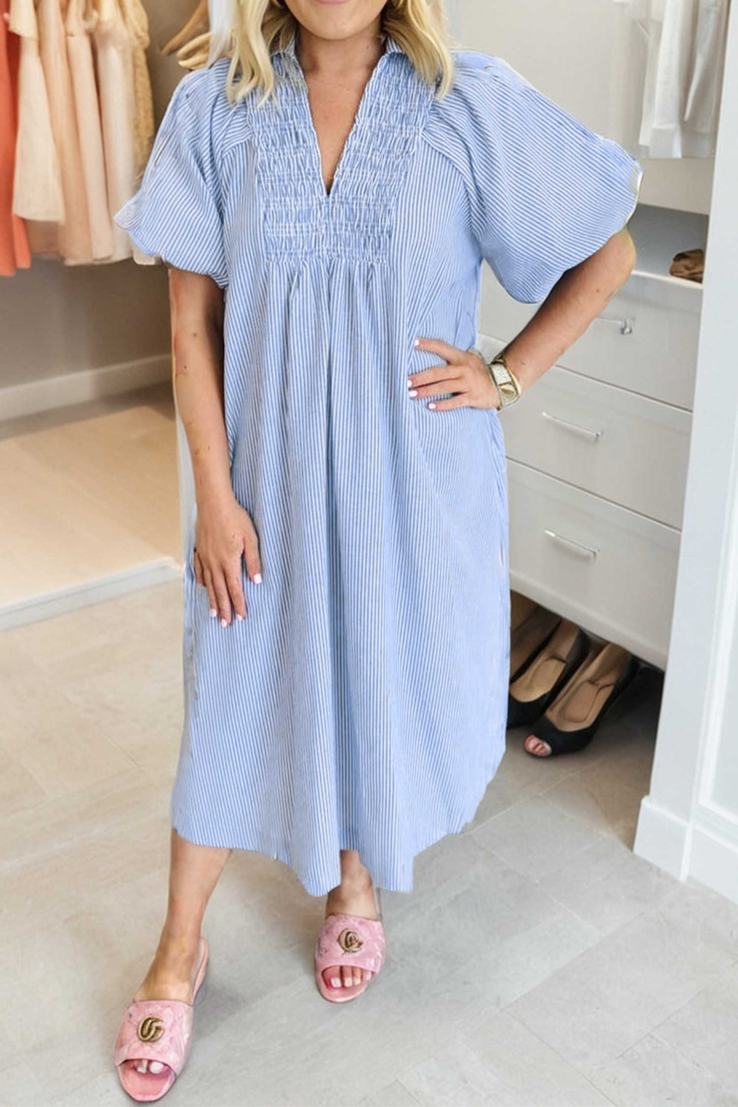 Sky Blue Stripe Shirred Detail Collar V Neck Plus Size Midi Dress