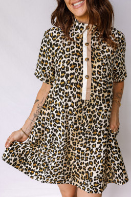 Multicolour Half Buttons Short Sleeve Loose Leopard Mini Dress with Pockets