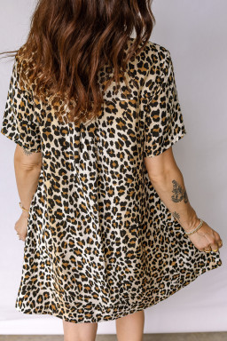 Multicolour Half Buttons Short Sleeve Loose Leopard Mini Dress with Pockets
