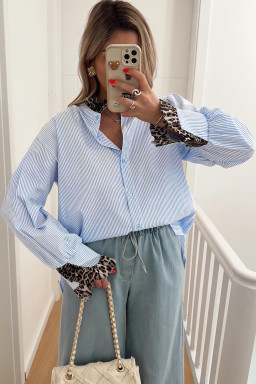 Sky Blue Stripe Ruffled Leopard Patchwork Long Sleeve Button Down Loose Shirt