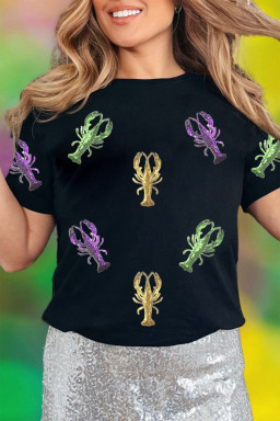 Black Lobster Patched Pattern Festive T Shirt